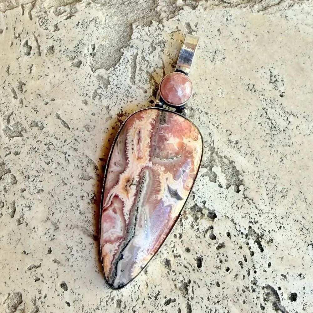 Long Rhodochrosite Statement Pendant 925 Silver Overlay